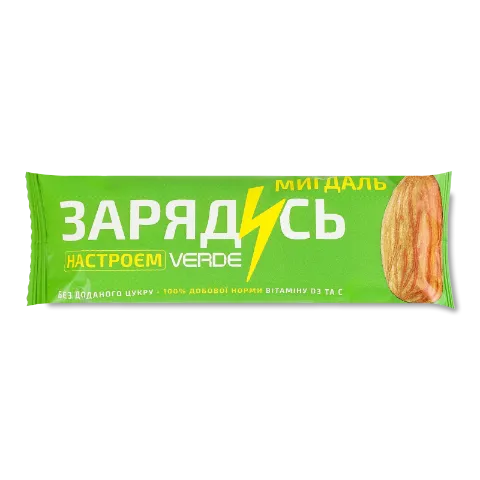 Батончик Verde Зарядись настроєм з вітаміном D3, мигдалем та білим шоколадом