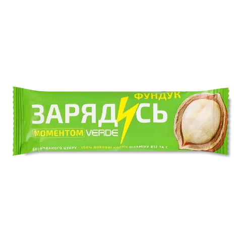 Батончик Verde Зарядись момент з вітаміном В12, фундуком та чорним шоколадом