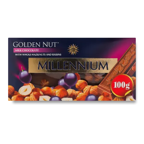 Шоколад молочний Millennium Gold з цілими лісовими горіхами та родзинками