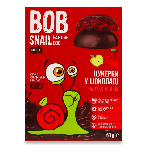 Цукерки Bob Snail яблучно-вишневі в бельгійському чорному шоколаді