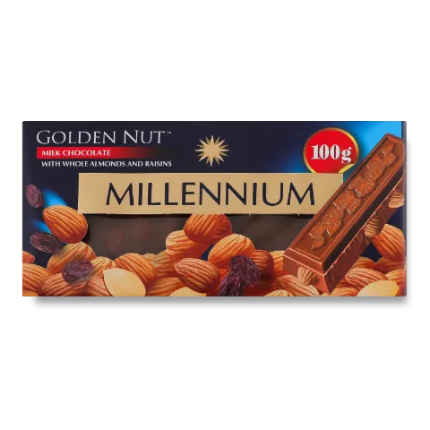Шоколад Millennium Golden Nut молочний з мигдалем та родзинками