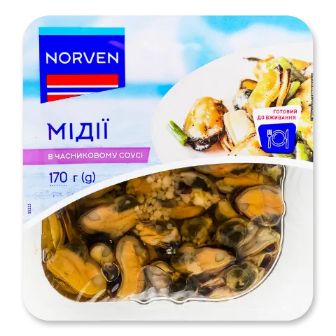 Мідії Norven в часниковому соусі