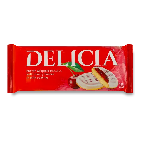 Печиво Delicia зі смаком вишні у молочній глазурі флекс