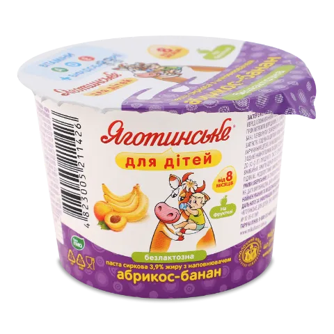 Паста сиркова «Яготинське для дітей» абрикос-банан безлактозна 3,9%