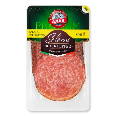 Ковбаса «Алан» «Салямі» в чорному перці с/в, в/ґ, нарізка