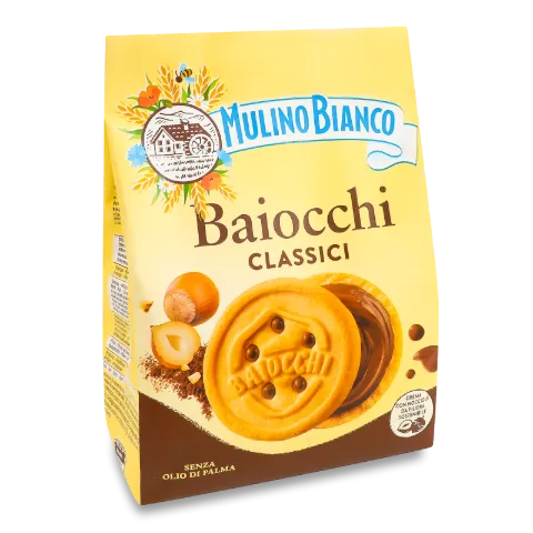 Печиво-сендвіч Mulino Bianco Baiocchi з шоколадно-горіховим кремом
