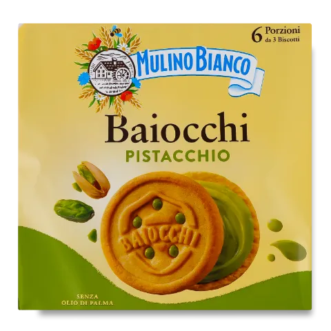 Печиво-сендвіч Mulino Bianco Baiocchi з фісташковим кремом
