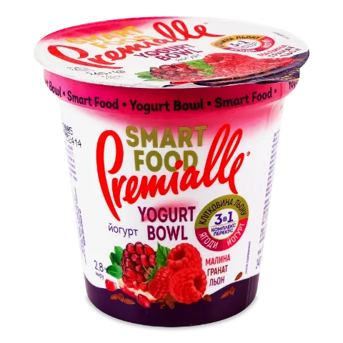 Йогурт Premialle Yogurt bowl малина- гранат- льон, 2,8%, стакан