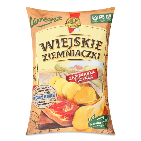 Чипси Wiejskie Ziemniaczki зі смаком шинки та сиру